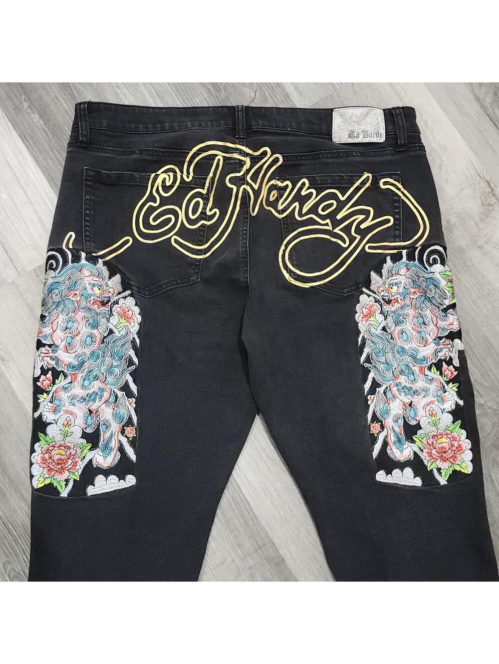 Ed Hardy Japanese Dragon Rose Tattoo Slim Straight Stretch Y2K Jeans Mens 38x32